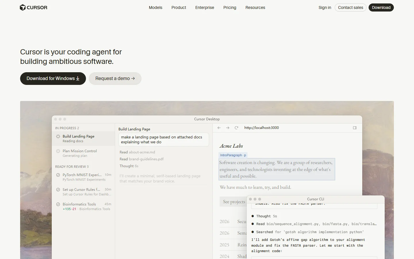 Cursor editor homepage showing AI agent coding interface