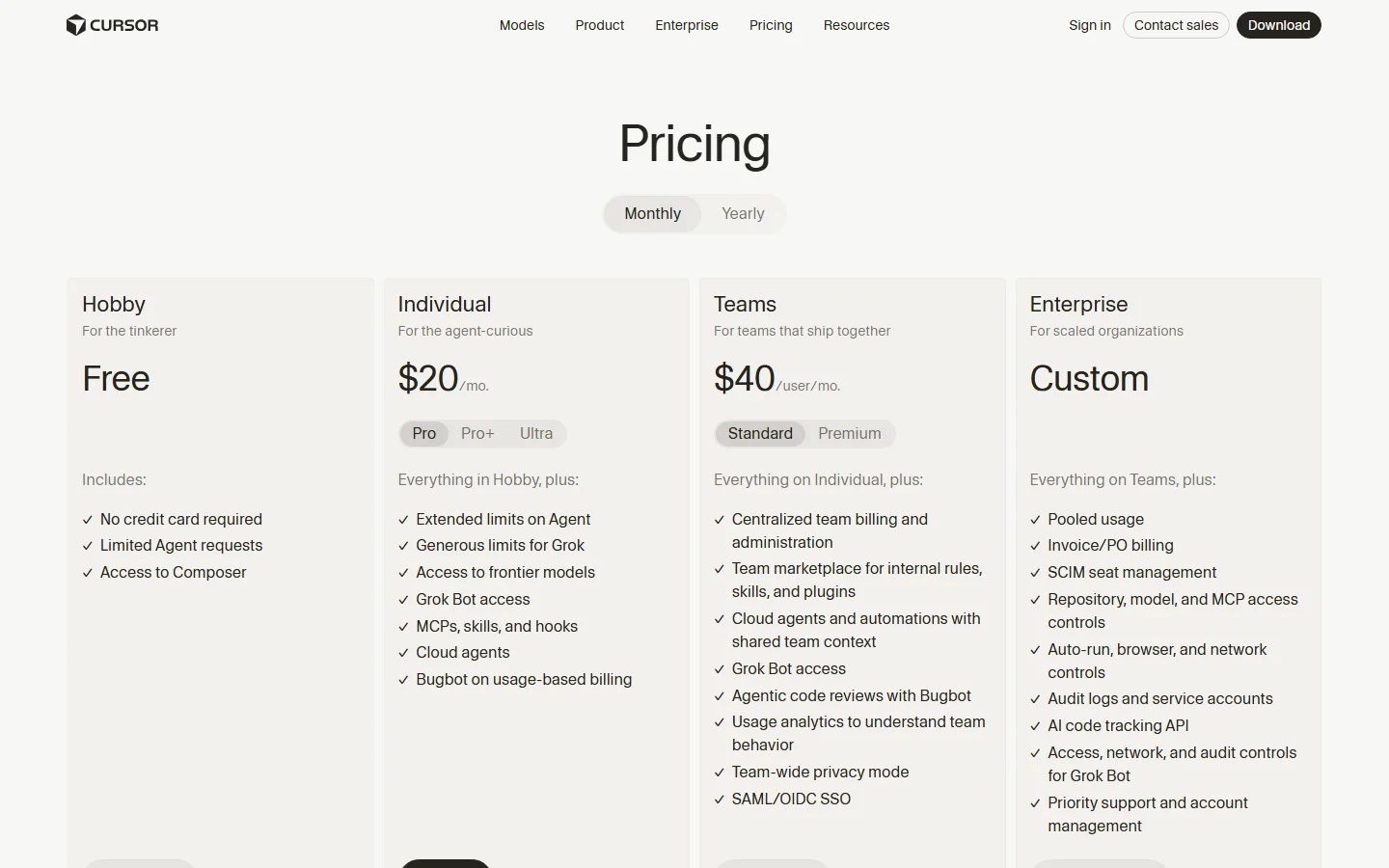 Cursor pricing page showing Pro and Business plans